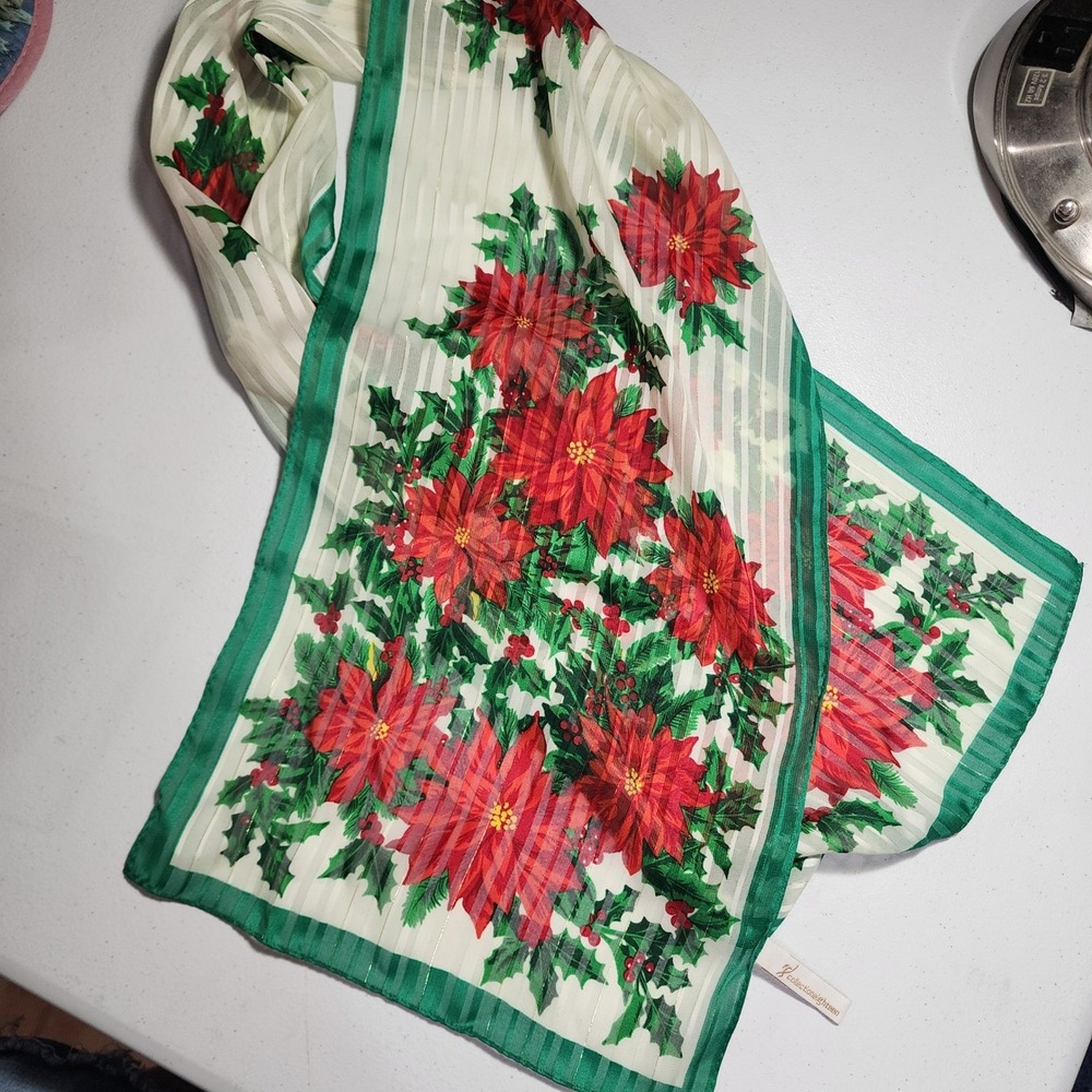 Collection Eighteen Christmas Poinsettia Scarf Green Red Gold Metallic Sheer